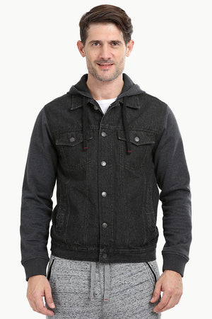 Knit Sleeves Denim Hooded Jacket