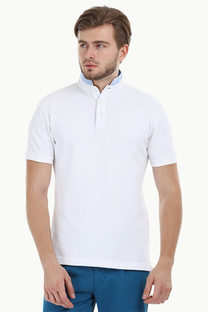 Mandarin Collar White Polo T-Shirt