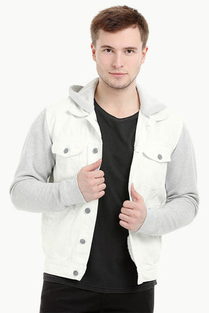 Men's Off WhiteKnit Sleeves Twill Denim Hood Jacket