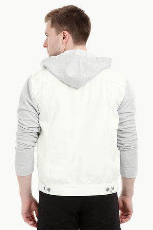 Men's Off WhiteKnit Sleeves Twill Denim Hood Jacket