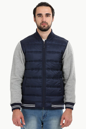 Padded Knit Sleeve Navy Zipper Jacket