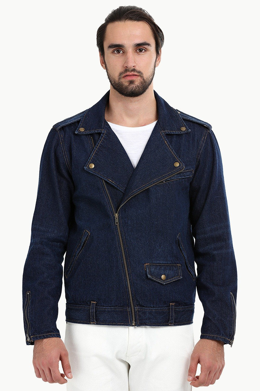 Buy Online Biker Style Dark Wash Denim Jacket for Men online at