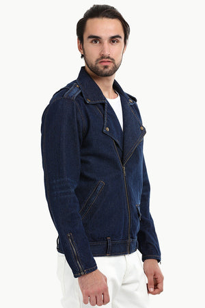 Biker Style Dark Wash Denim Jacket