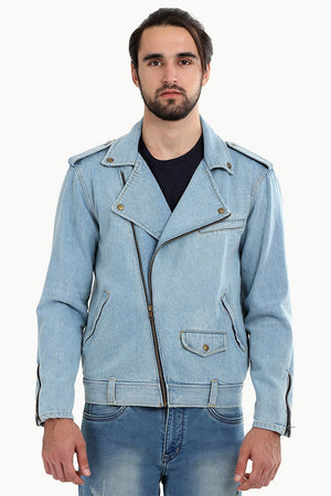 Biker Style Light Wash Denim Jacket