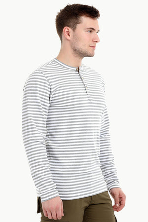 Men's Knit White/Grey Stripe Henley Sweatshirt