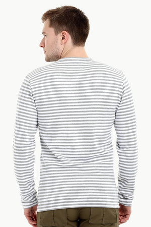 Men's Knit White/Grey Stripe Henley Sweatshirt