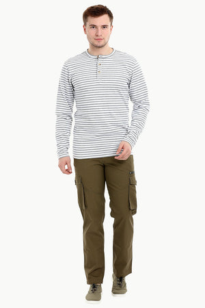Men's Knit White/Grey Stripe Henley Sweatshirt