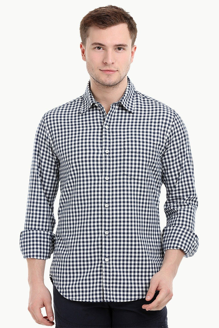 Mens Long Sleeve Navy Gingham Check Shirt