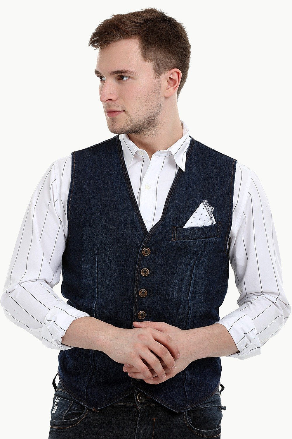 Buy Online Mens Sleeveless Denim Buttoned Navy Waistcoat at Zobello