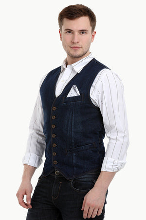 Men's Sleeveless Denim Buttoned Navy Waistcoat