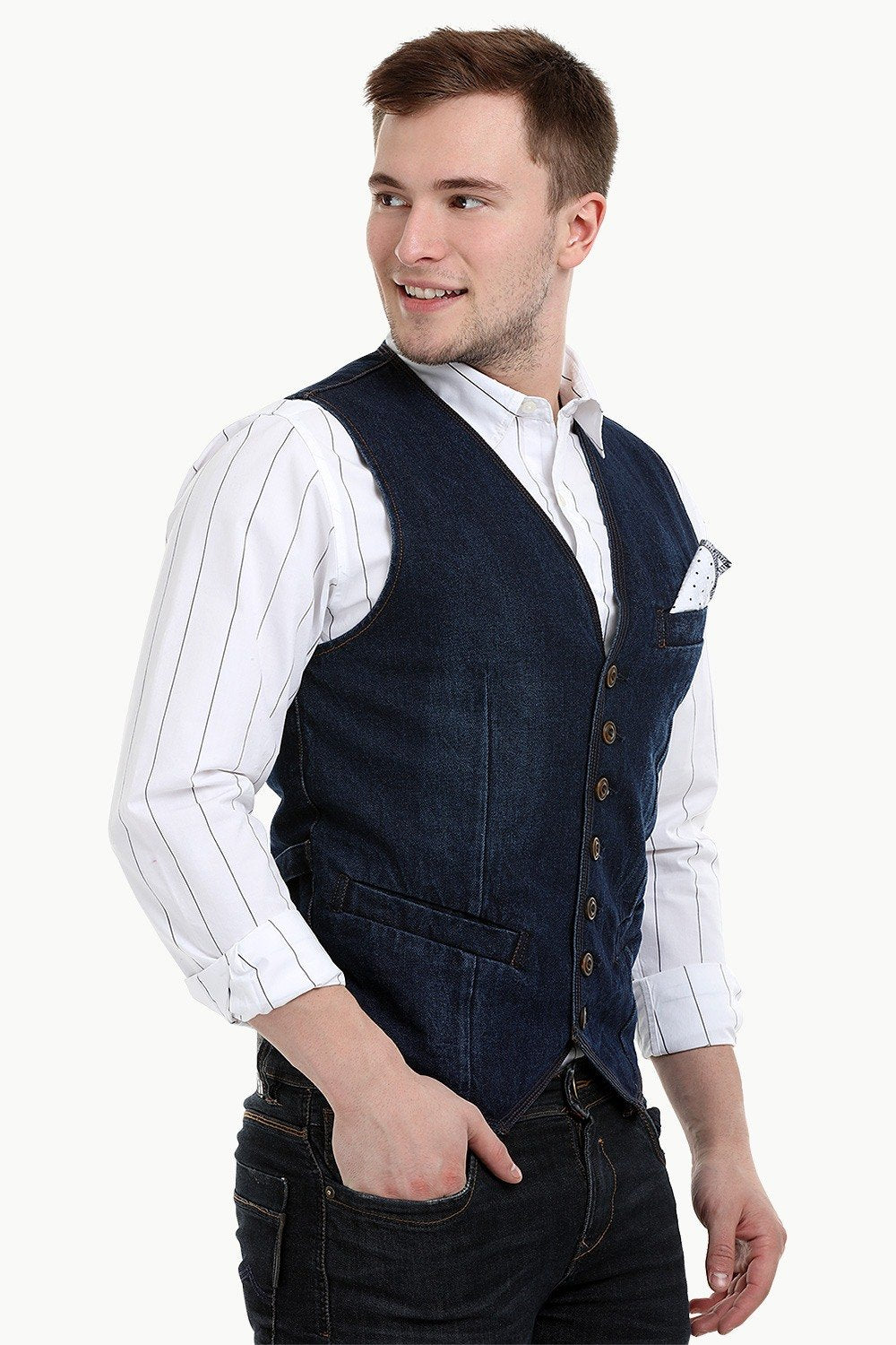 Buy Online Mens Sleeveless Denim Buttoned Navy Waistcoat at Zobello