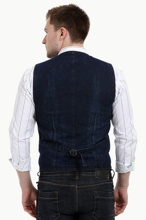Men's Sleeveless Denim Buttoned Navy Waistcoat