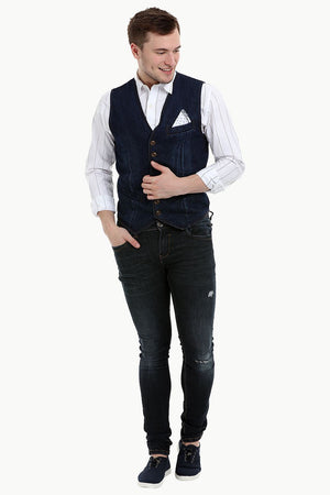 Men's Sleeveless Denim Buttoned Navy Waistcoat