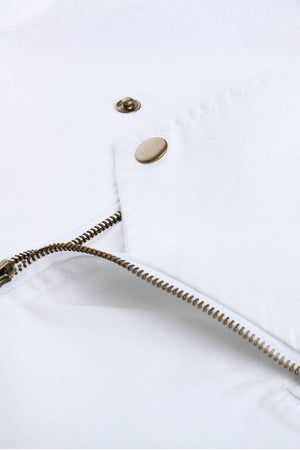 Men's White Biker Zipper Twill Denim Jacket
