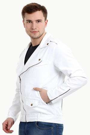 Men's White Biker Zipper Twill Denim Jacket