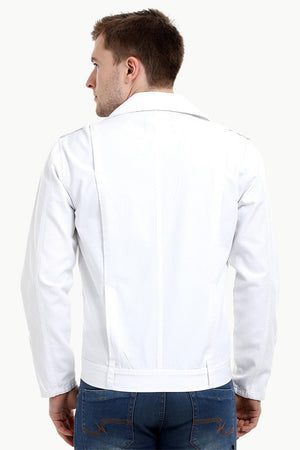 Men's White Biker Zipper Twill Denim Jacket