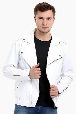 Men's White Biker Zipper Twill Denim Jacket