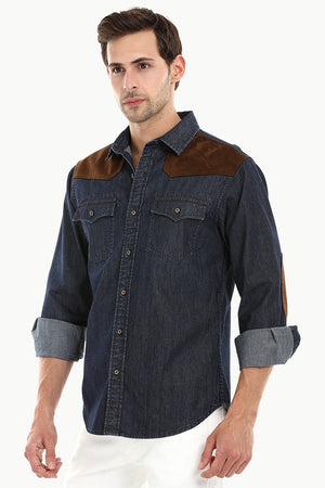 Casual Suede Patch Denim Shirt