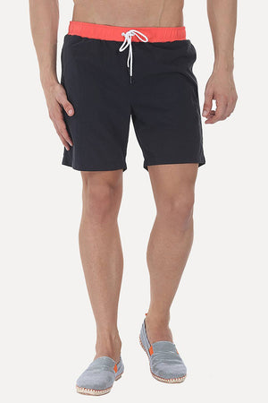 Solid Nylon Swim Shorts With Contrast Elastic Waistband