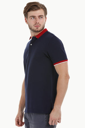 Contrast Placket Navy Polo T-Shirt