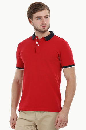 Contrast Placket Red Polo T-Shirt