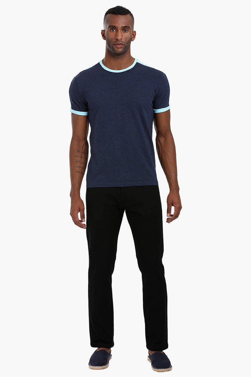 Buy Online Heather Navy Sky Blue Contrast Shoulder Patch T Shirt