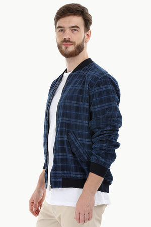 Indigo Corduroy Check Bomber Jacket