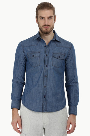 Indigo Denim Shirt with Bold Stitch