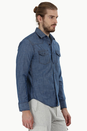 Indigo Denim Shirt with Bold Stitch