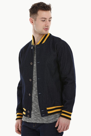 Indigo Denim Varsity Bomber Jacket
