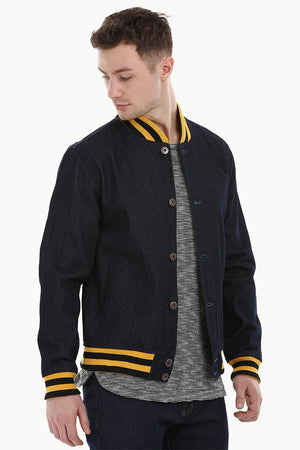 Indigo Denim Varsity Bomber Jacket
