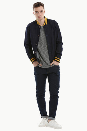 Indigo Denim Varsity Bomber Jacket