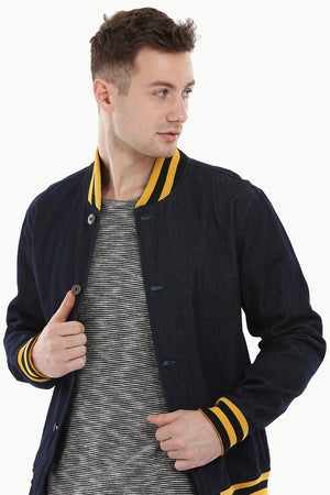 Indigo Denim Varsity Bomber Jacket