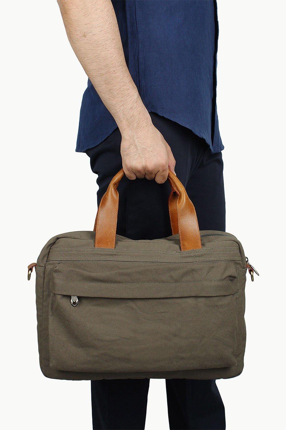 Buy Online Genuine Leather with DyedMoss Green Canvas Laptop Bags