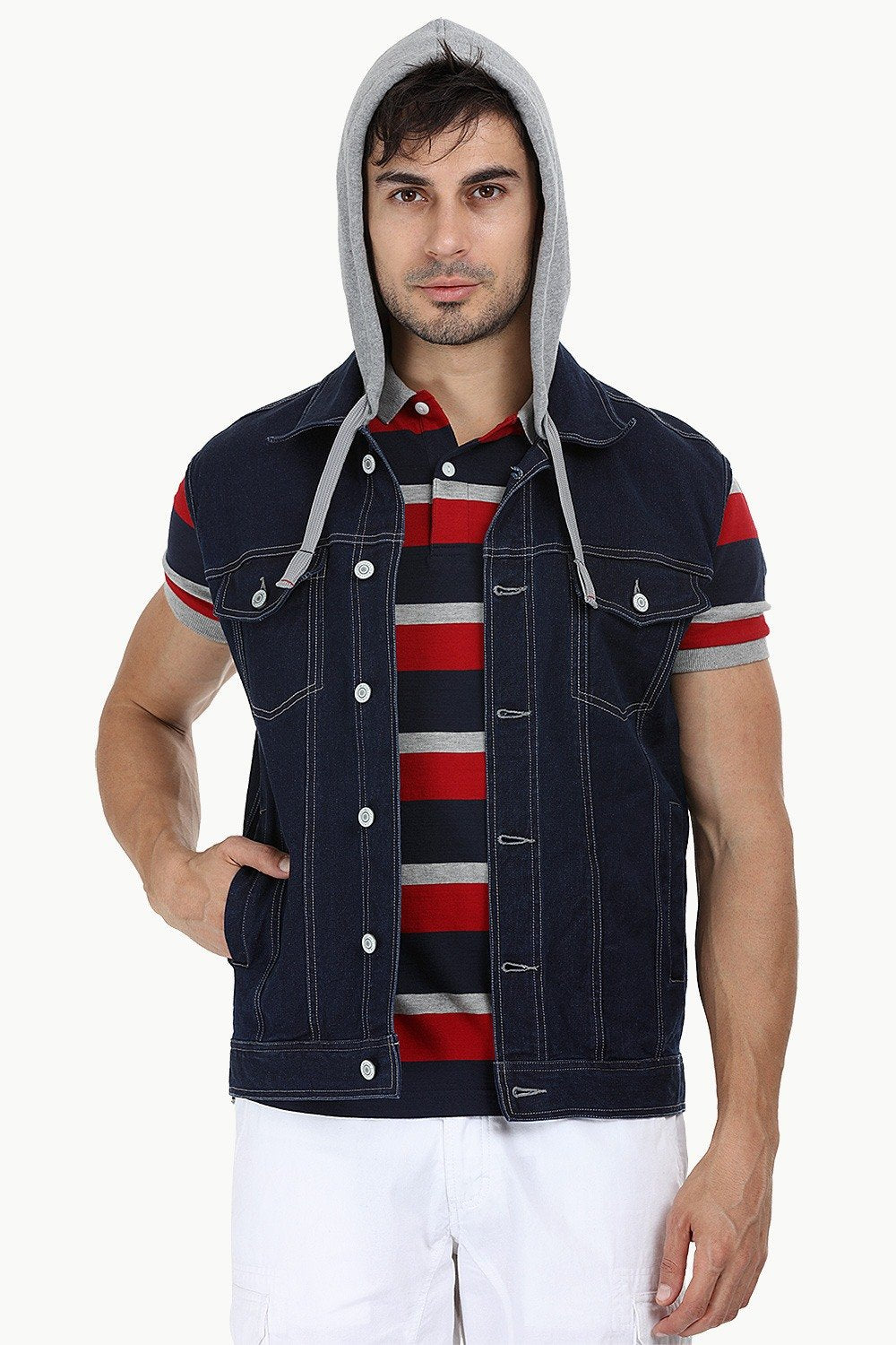 Buy Online Bold Denim Wash Hooded Sleeveless Denim Jacket for Men Zobello