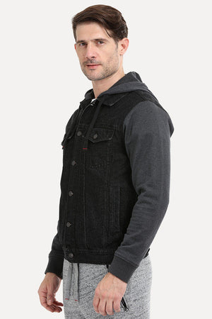 Knit Sleeves Denim Hooded Jacket
