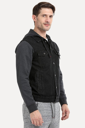 Knit Sleeves Denim Hooded Jacket