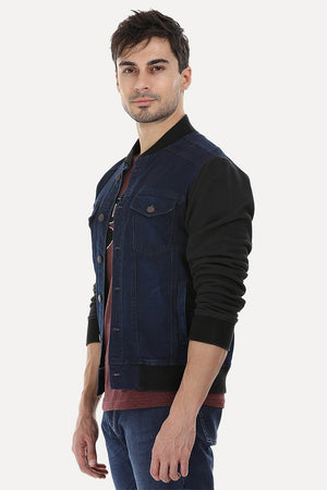 Knitted Sleeves Bomber Denim Jacket