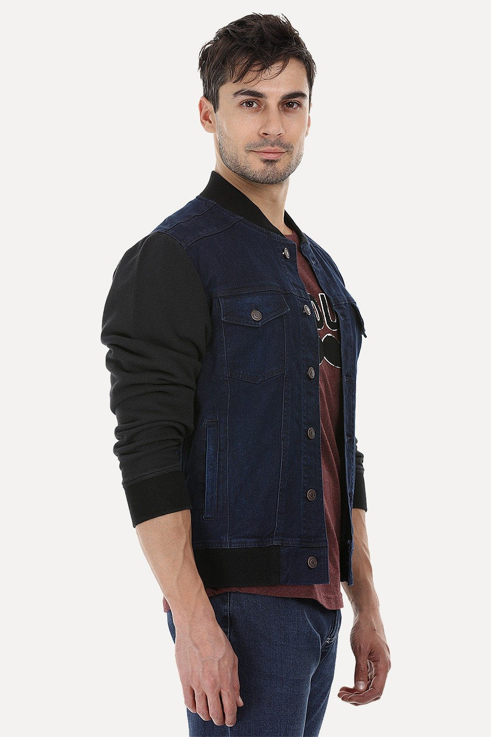 PEARLROCKS Men's Nylon & Wool Sleeve Bomber Jacket - Quilted Military Style