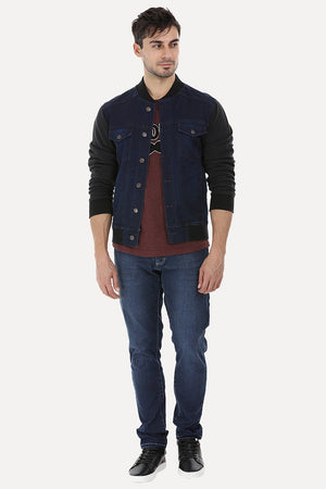 Knitted Sleeves Bomber Denim Jacket