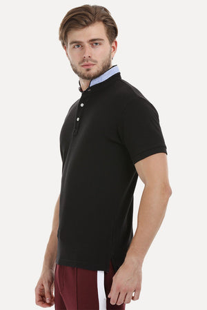 Mandarin Collar Black Polo T-Shirt