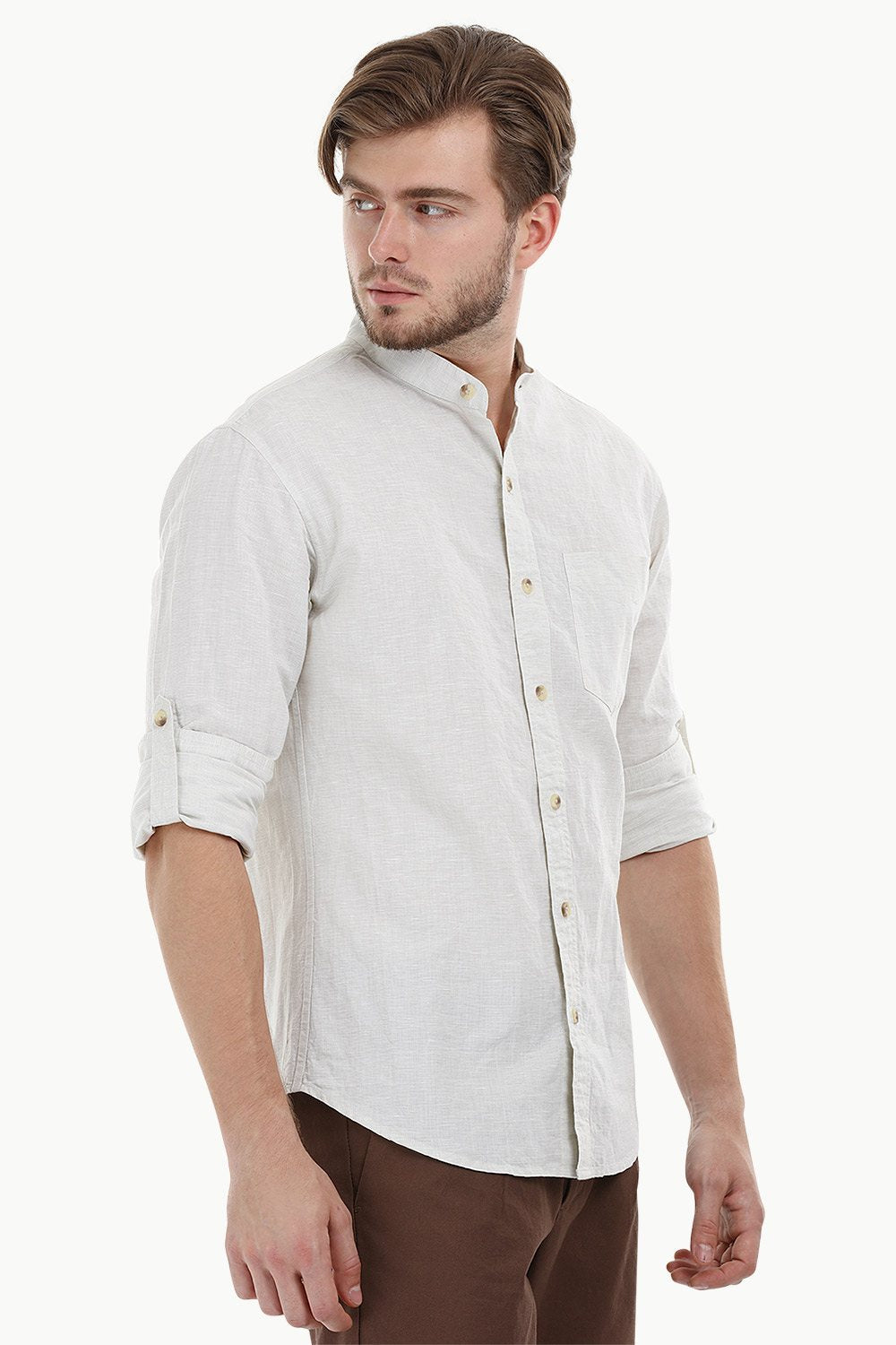 Buy Online Offwhite/Brown Mandarin Collar Chambray Shirt for Mens
