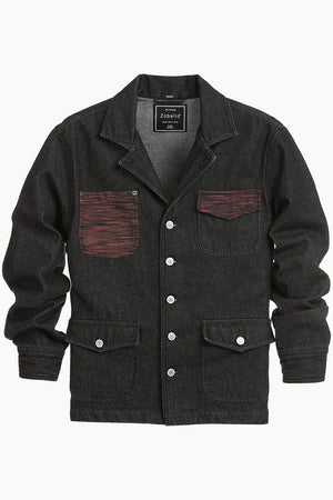 Men's Dark Wash Black Denim Lapel Jacket