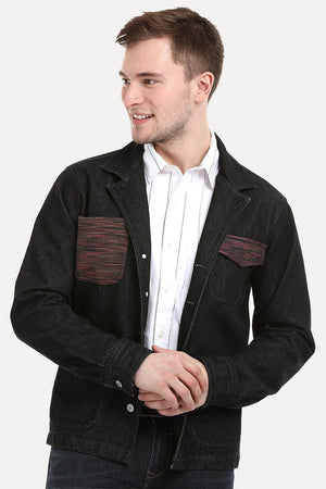 Men's Dark Wash Black Denim Lapel Jacket