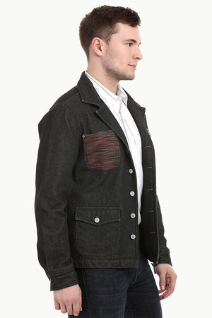 Men's Dark Wash Black Denim Lapel Jacket