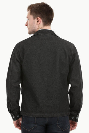 Men's Dark Wash Black Denim Lapel Jacket