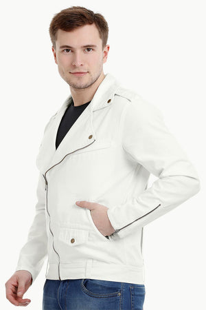 Mens Off White Biker Zipper Twill Denim Jacket