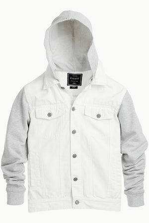 Men's Off WhiteKnit Sleeves Twill Denim Hood Jacket