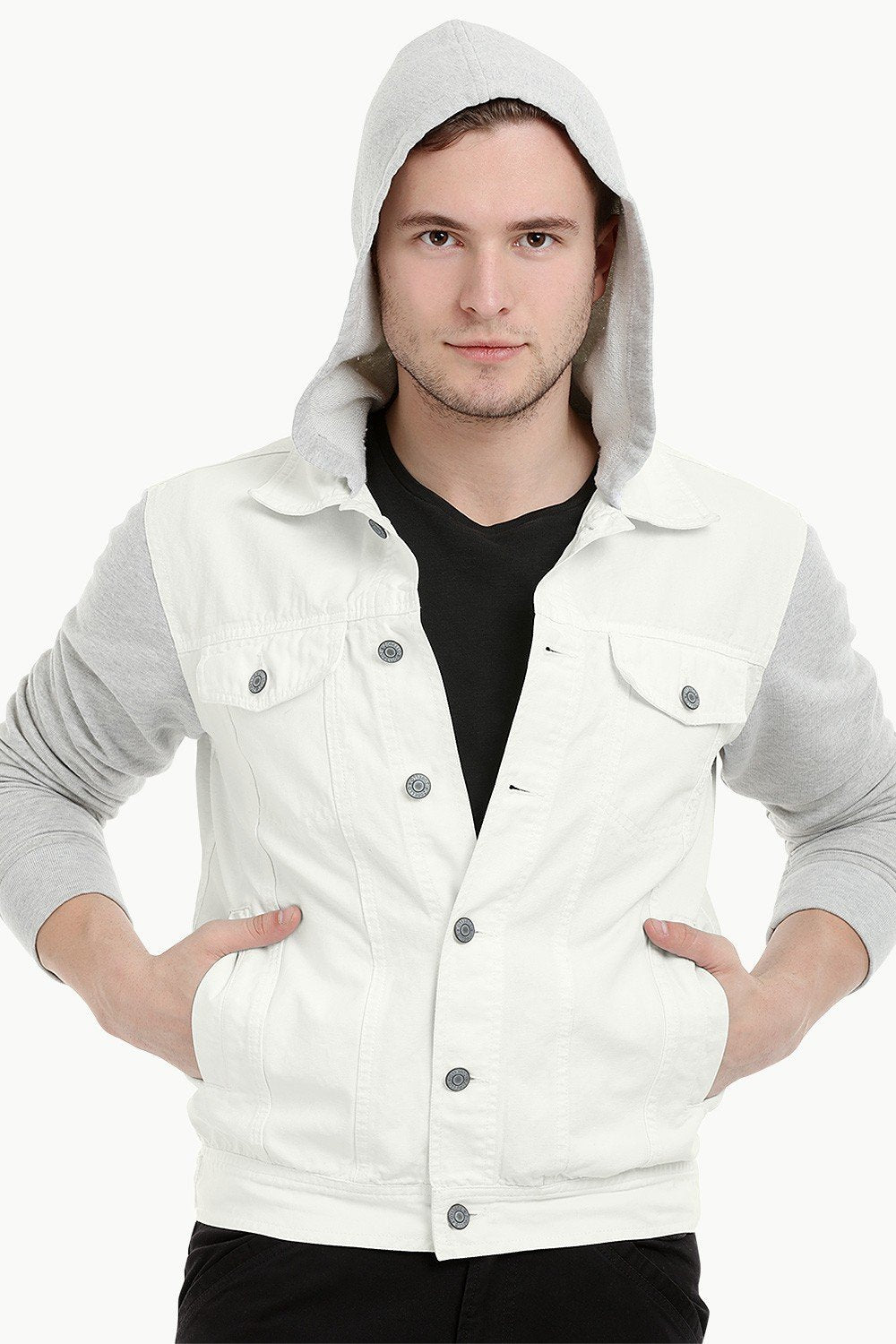 Men s Off WhiteKnit Sleeves Twill Denim Hood Jacket Zobello
