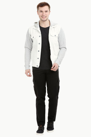 Men's Off WhiteKnit Sleeves Twill Denim Hood Jacket
